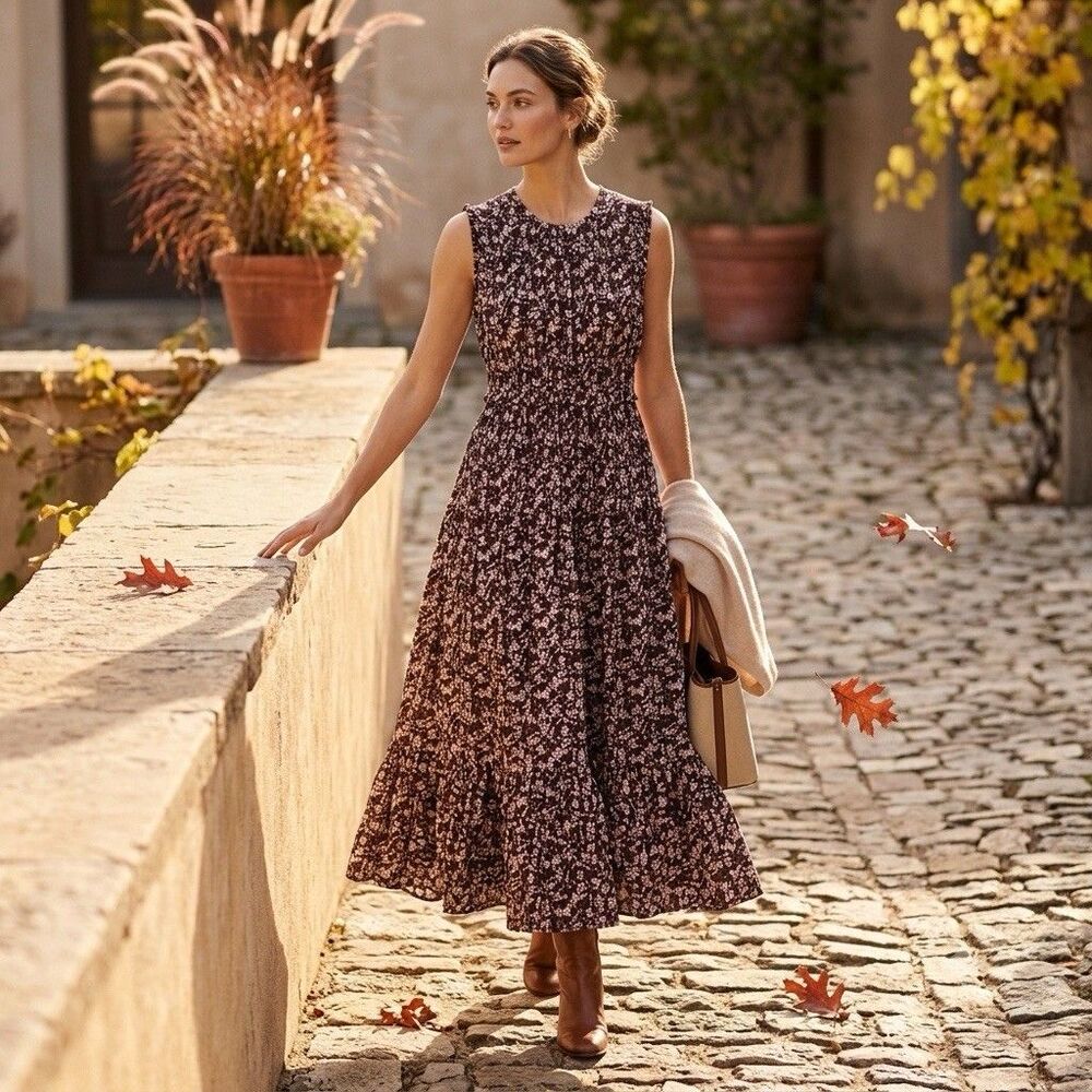 NWT Caroline Constas Floral Smocked Maxi Dress S Brown Pink Costal Prairie Fall